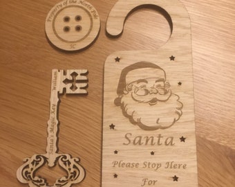 Personalised oak veneer Santa stop here door hanger with key and button