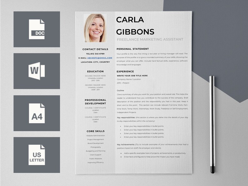 Cv Design Cv Szablon Dla Word życiorys Szablony Curriculum Etsy