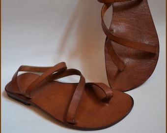 Women Leather Sandals, Brown Leather Flat Sandals, Women Strappy Sandals, Elegant Wedding Sandals, Wedding Shoes, Gladiator Sandals-US27