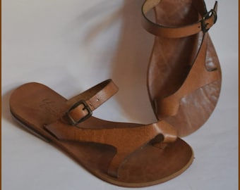 Natural Leather Sandals, Brown Leather Sandals, Toe Ring Sandals, Wedding Sandals, Summer Sandals, Strappy Sandals, Nice Flat Sandals-US61