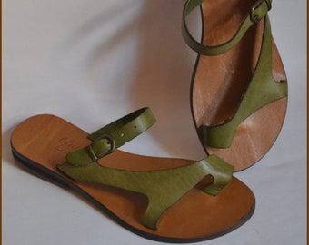 Brown&Green Leather Sandals, Leather Bodrum Sandals, Toe Ring Sandals, Wedding Sandals, Beach Sandals, Strappy Sandals, Flat Sandals-US59