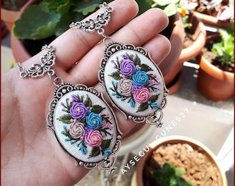 Colorful Floral  Embroidery Necklace Women, Vintage Style Necklace, Bridesmaid Gift, Wedding Gift, Stylish Floral Embroidered Pendant-AG33