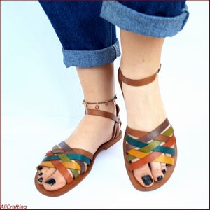 Women Sandals Colorful Sandals Leather Flats Wedding Shoes Summer Shoes Roman Sandals Greek Sandals Mother&#39;s Day Gift for Her Strap Sandals