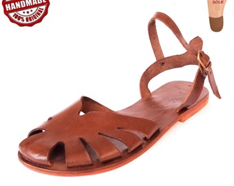 Roman Gladiator Sandals, Greek Sandals, Leather Bodrum Sandals, Brown Leather Sandals, Toe Ring Sandals, Strappy Sandals, Flat Sandals-US5