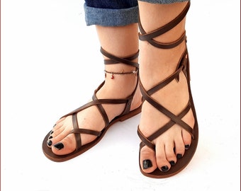 Ankle Strap Sandals Gladiator Sandals Brown Leather Sandals Greek Sandals, Roman Sandals Strappy Sandals, Gladiator Flat Sandals Women Shoes