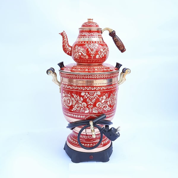 Electric Samovar Tea Maker Red Floral Design Samovar Tea Maker Gift, Russian USSR Samovar Turkish Samovar 220V 110V Coffee Maker-ES5