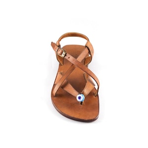 Strappy Sandals with Blue Bead, Amulet, Evil Eye Talisman Leather Flat Sandals, Women Sandals Brown Leather Sandals Christmas Gift for Her