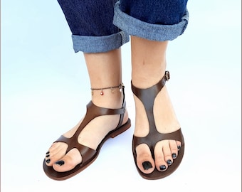 Roman Gladiator Sandals Greek Sandals Elegant Leather Bodrum Sandals, Brown Leather Sandals, Toe Ring Sandals Strappy Sandals Flat Sandals