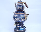 Electric Samovar Blue Floral Design Copper Samovar Tea Maker Gift, Russian USSR Samovar Turkish Samovar 220V 110V Colorful Samovar-ES3