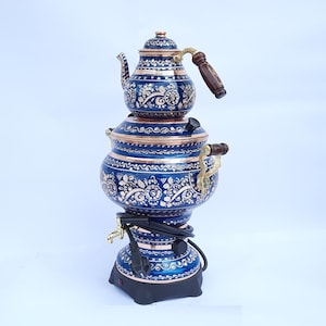 Electric Samovar Blue Floral Design Copper Samovar Tea Maker Gift, Russian USSR Samovar Turkish Samovar 220V 110V Colorful Samovar-ES3