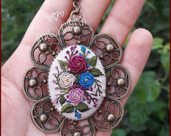 Embroidery Necklace Unique to You Hand Embroidered Pendant Floral Necklace Vintage Jewelry 100% Handmade - AG98