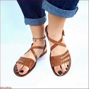 Flat Sandals Genuine Leather Sandals Brown Leather Sandals, Strappy Sandals Flat Sandals Mothers Day Gift Wedding Sandals Summer Sandals