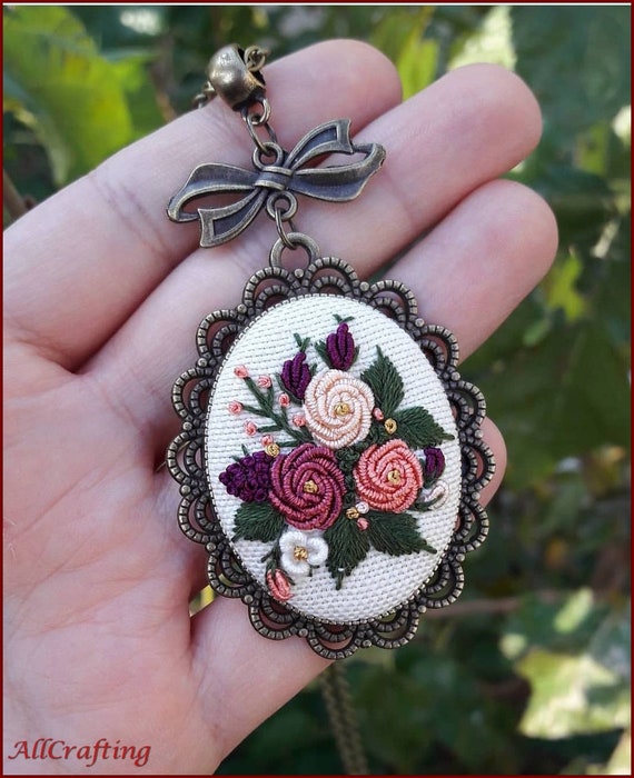 Unique Gift for Her Floral embroidered necklace Hand embroidered jewelery