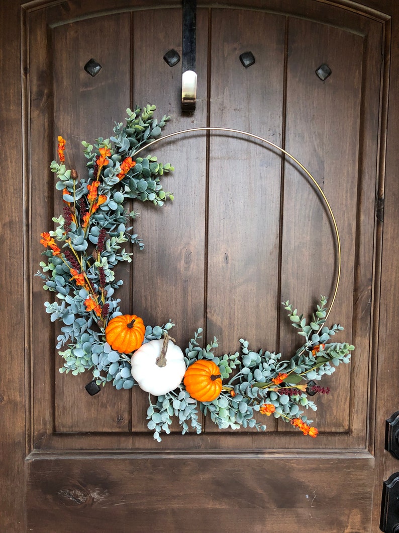 Pumpkin Wreath, Fall Wreath, White Pumpkin, Hoop Wreath, Modern Wreath