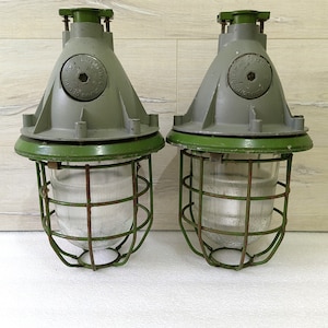 Set of 2 Vintage USSR Bunker Lamps Industrial Pendant lights Factory Ceiling Hanging lamps Steampunk Lamp Loft Decor Made 1970s.