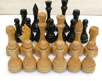 Lot of 24 pcs Vintage USSR Wooden Chess Pieces Soviet Chess Pieces White and Black Color Wooden Chess Pieces Made 1970s. # 9