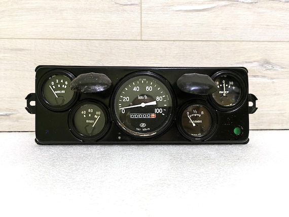 Vintage Auto Dashboard with Gauges Soviet Truck Dashboard Oil Pressure Gauge Car Speedometer Fuel Level Water Temperature Gauge USSR 1980s.