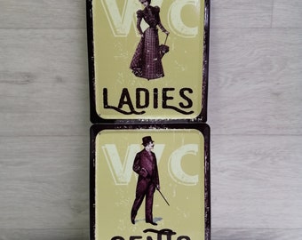 Ladies Gents 2 Pcs Toilet Signs Loo Bathroom Water Closet WC Signs Restroom Signs WC Door Signs Retro Style Door Plate Vintage Look Sign.