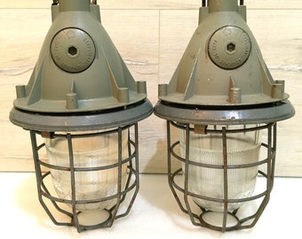 Set of 2 USSR Bunker Lamps Vintage Industrial Pendant lights Factory Ceiling Hanging lamps Steampunk Lamp Loft Decor Made 1980s.