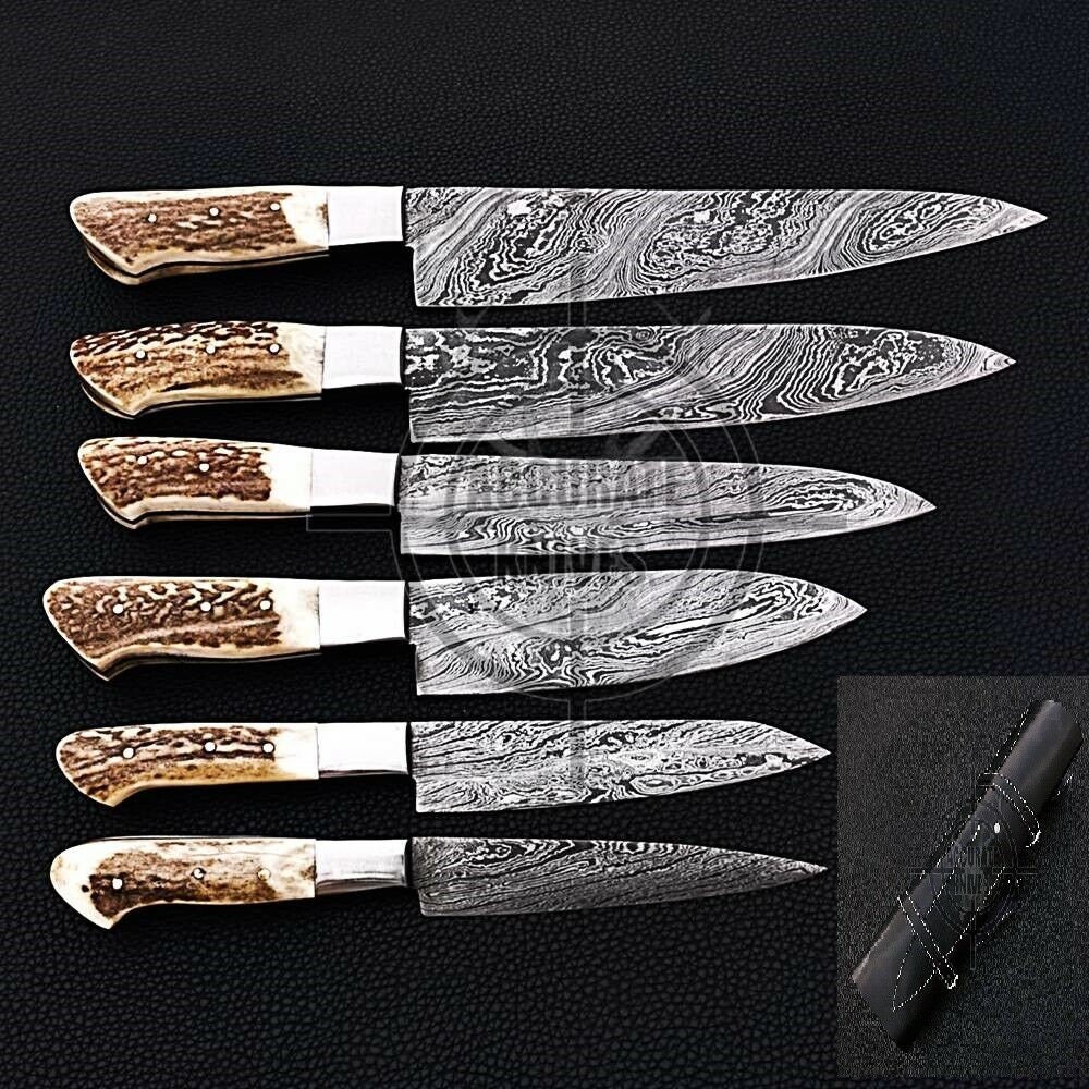 Handmade knife/ Damascus Chef knives set Stag/Antler horn handles/BBQ  knives set