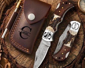 Canivete de bolso personalizado em aço damasco com cabo de chifre de veado, canivete gravado à mão, presente personalizado para marido, presente para o Dia dos Pais, presente de aniversário para ele.