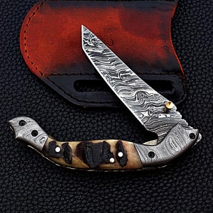 Handmade Ram Horn Handle Pocket knife, Forged Damascus Folding Knife, 4 Inches Knife, with Leather Sheath Gift for Him