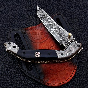 Beautiful Pocket Knife, Handmade Real Black Horn Handle, Forged Damascus Blade Folding  Knife, 4 Inches Knife,Butter Fly Cover Gift for Him
