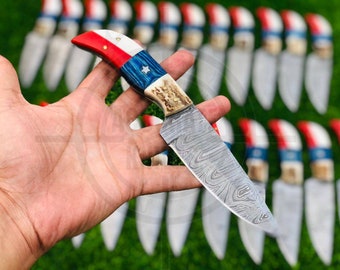 100% Handcrafted Handmade Forged Damascus Steel Hunting Bowie Knife Taxes Flag Knife with Leather sheath 25-Pieces for Retailers