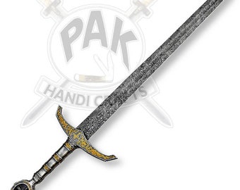 May include: A long, ornate sword with a patterned blade and a detailed hilt. The hilt features gold accents and a circular pommel. The blade has a textured, dark finish. The sword is a decorative item.