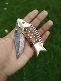 Unique Handmade Golden Fish Engraved Pocket Knife Damascus Folding Knife Bone Handle Personalized Gift for Him, Groomsman, Holidays, Father