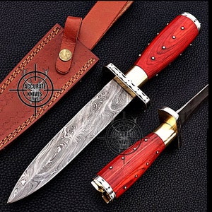 12&quot; Custom Handmade Damascus Steel Hunting Knifes 7&quot; Blade Pakka Wood Brass Handle Brown Leather Sheath