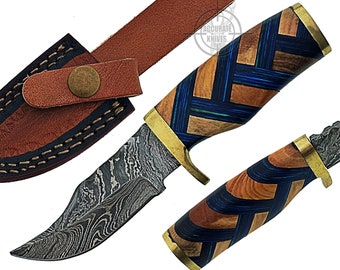 Handmade Damascus Steel Hunting Knife Wood & Brass Finger guard Handle with Leather Sheath Size 15.24 cm for Gift