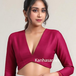 Hot Pink Silk V Neck Blouse for Saree  Full Sleeve Crop Top with Structured Fit  Bold Ethnic Choli for Parties Gifting Modern Fusion Looks