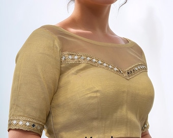 Gold Sheer Neck Saree Blouse with Mirror Work and Elbow Sleeves, Partywear Choli Top for Bridesmaids, Reception, and Festive Styling
