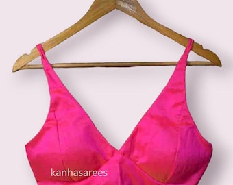 Silk Crop Top Indian Style Wedding Attire Party Wear Silk Blouse Size Custom Padded Pink V Neck Strap Design Wedding Guest Saree Look
