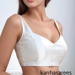 White Saree Blouse - Custom Raw Silk Sleeveless Designer Crop Top for Summer Parties & Special Occasions