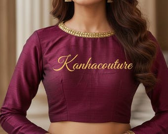 High Neck Saree Blouse Raw Silk Elbow Sleeves Custom Tailored Indian Ethnic Wear Princess Cut Padded Choli Formal Wedding Guest Top Modest