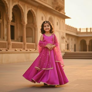 Puede incluir: Una ni&ntilde;a con un vibrante atuendo tradicional fucsia, que incluye un top, una falda en capas y un chal transparente con adornos y ribetes dorados. El conjunto se encuentra frente a un edificio ornamentado con arcos.