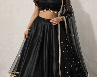 Black  satin SILK Lehenga Set with Slit Skirt and Sheer Embellished sequin Dupatta Modern Indian Crop Top Outfit Festive Wedding Guest Look