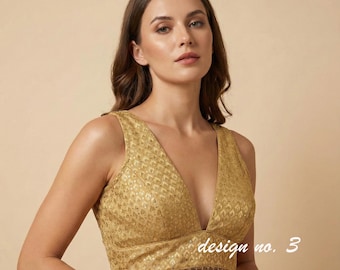 Gold Sequin Bridal Blouse with Deep V Neck & Beaded Fringe Hem, Festive Party Wear, Designer Crop Top for Weddings Sangeet Night