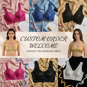 May include: A collection of women's tops in various colors and styles, including a hot pink, blue floral, black sequin, gold, and silver. The image includes the text "CUSTOM ORDER WELCOME CONTACT ON MESSAGE INBOX."