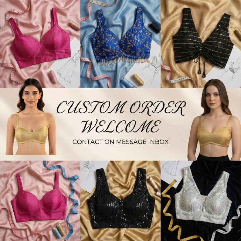 May include: A collection of women's tops in various colors and styles, including a hot pink, blue floral, black sequin, gold, and silver. The image includes the text "CUSTOM ORDER WELCOME CONTACT ON MESSAGE INBOX."