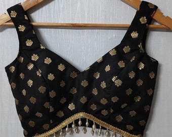Elegant Black Brocade Saree Blouse with Gold Weave & Tassels for Weddings - Stylish Indian Wear, Festive Fashion, Party Attire