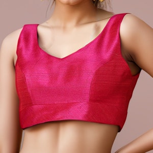 Raw Silk Blouse Spaghetti Strap Sleeveless Designer Back Open Padded Readymade Saree Top in Rani Pink