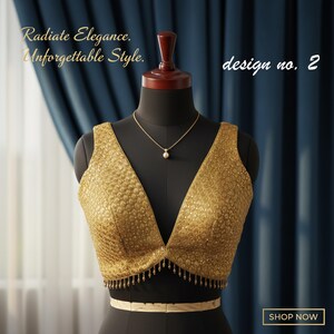 Gold Sequin Bridal Blouse with Deep V Neck & Beaded Fringe Hem, Festive Party Wear, Designer Crop Top for Weddings Sangeet Night image 7