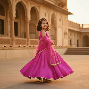 Puede incluir: Una ni&ntilde;a peque&ntilde;a con un vestido fucsia vibrante con una dupatta transparente a juego, adornada con ribetes dorados y lunares. El vestido sin mangas tiene una falda amplia. Lleva un peque&ntilde;o accesorio para el pelo. El fondo presenta un edificio ornamentado.