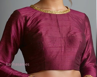 Readymade Saree Blouse Custom Made High Neck Raw Silk Saree Blouse - Long Sleeve Latest Indian Ethnic Wear Custom Crop Top Made to Order