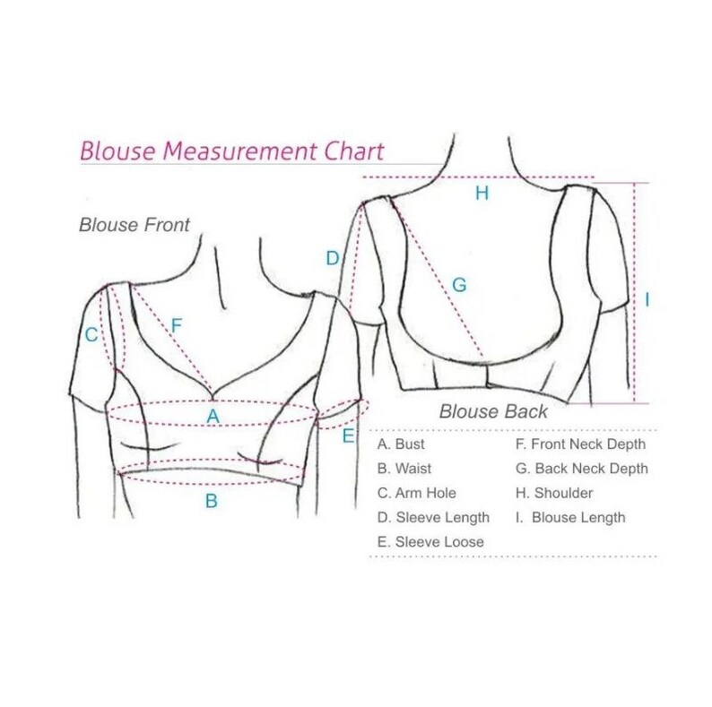 May include: Line drawing diagram showing measurements for a blouse. The diagram shows the front and back of a blouse with labels for bust, waist, arm hole, sleeve length, sleeve loose, front neck depth, back neck depth, shoulder, and blouse length.