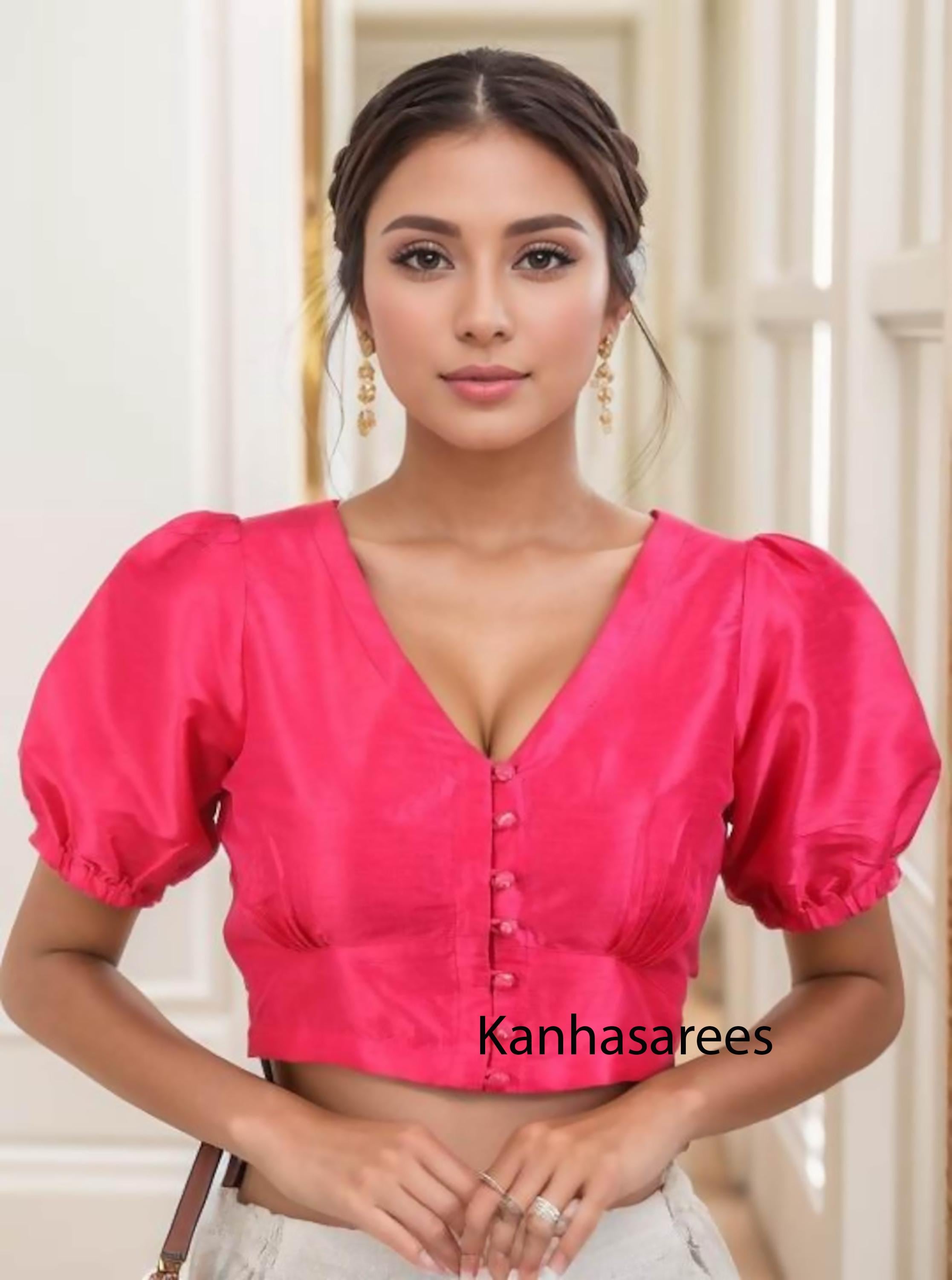 Custom Made Puff Sleeve Pink Saree Blouse - Plus Size Choli Top for Parties & Casual Events Quality Stitching