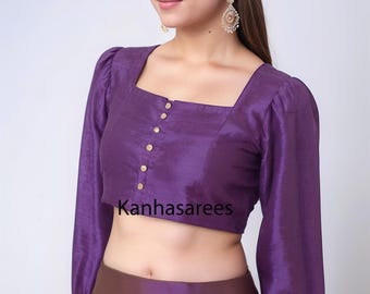 Readymade Saree Blouse - Custom Made Square Neck blouse Raw Silk Long Sleeve Crop Top, Latest Indian Ethnic Wear, Made to Order